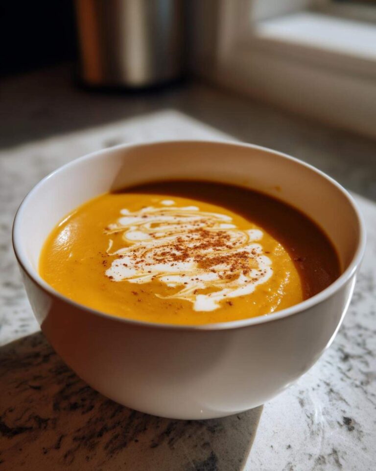 A bowl of creamy pumpkin soup topped with a swirl of cream and a sprinkle of cinnamon.