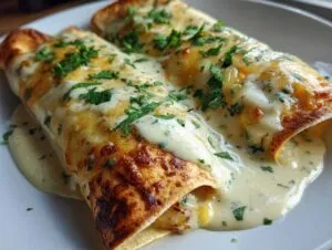 Close-up of two creamy shrimp enchiladas covered in melted cheese and garnished with chopped parsley.