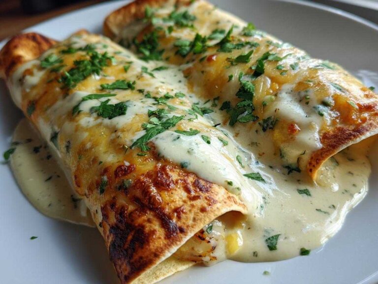Close-up of two creamy shrimp enchiladas covered in melted cheese and garnished with chopped parsley.