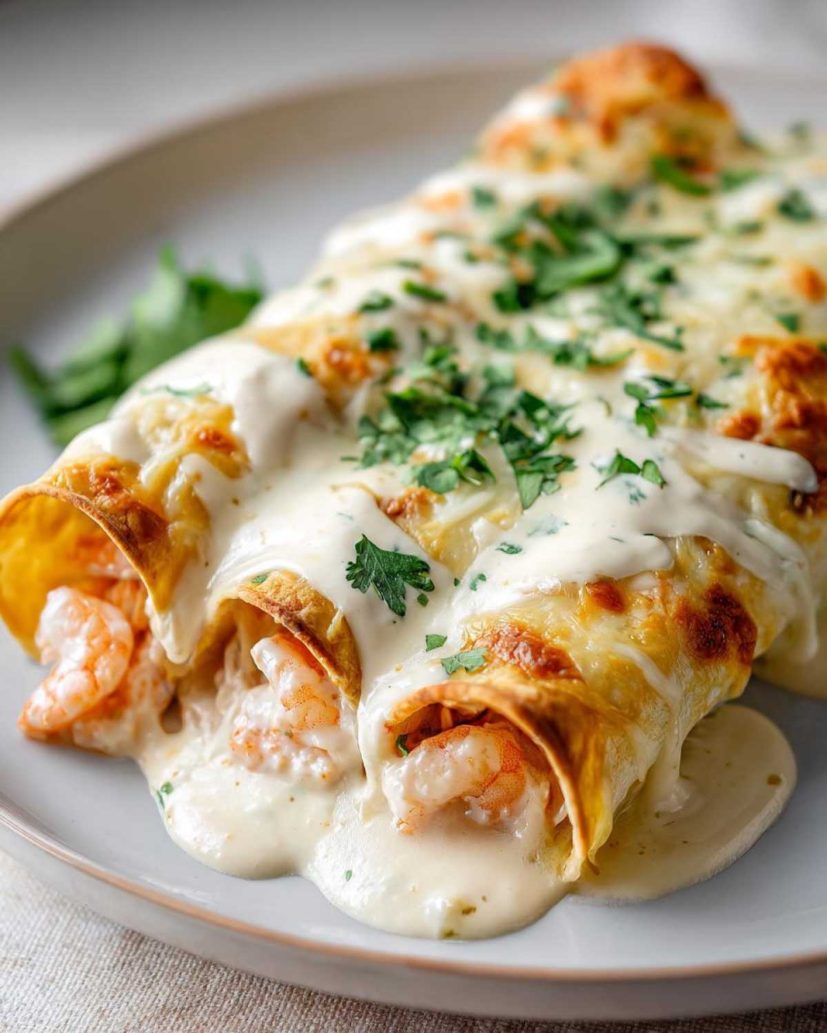 A close-up of three creamy shrimp enchiladas, generously topped with melted cheese, creamy sauce, and fresh parsley.