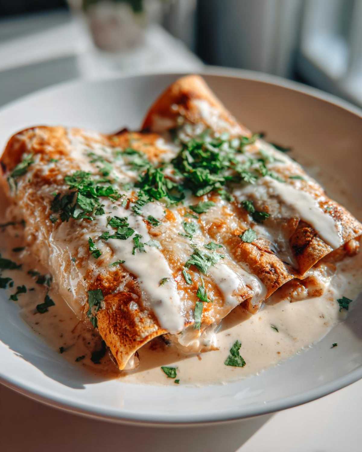 Close-up of creamy shrimp enchiladas topped with melted cheese and fresh parsley, served in a white bowl.