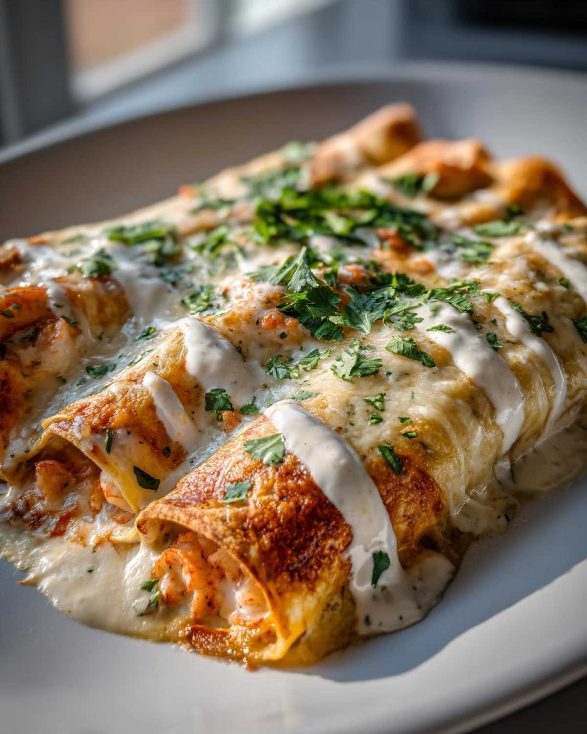 Close-up of creamy shrimp enchiladas topped with sauce and fresh parsley, ready to serve.