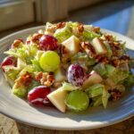 A vibrant apple salad featuring crisp apples, juicy grapes, crunchy walnuts, and a creamy dressing.