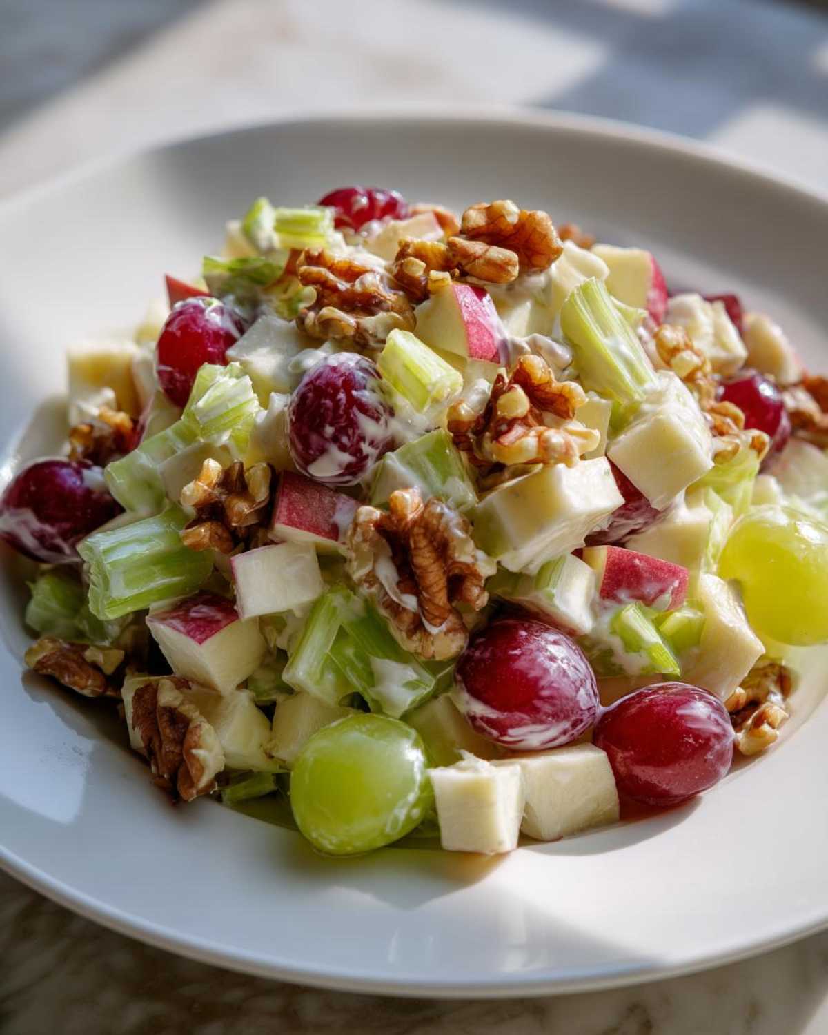 A vibrant apple salad featuring crisp apples, grapes, celery, walnuts, and a creamy dressing on a white plate.