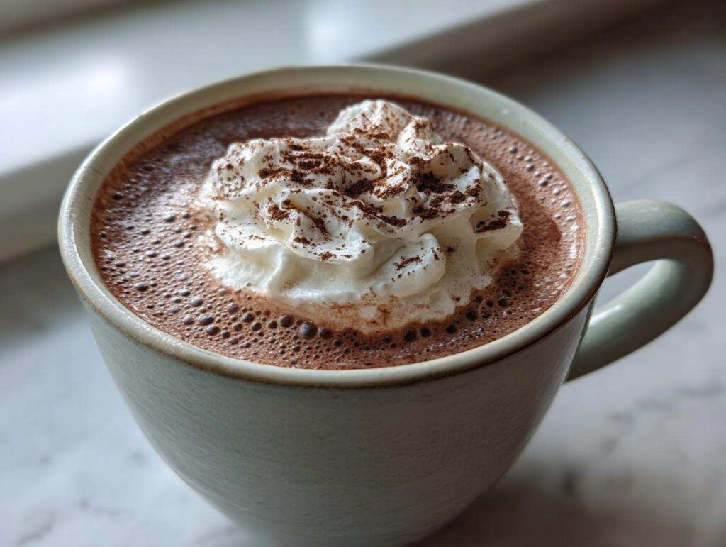 A close-up of a mug filled with rich crockpot hot chocolate, topped with fluffy whipped cream and a dusting of cocoa powder.