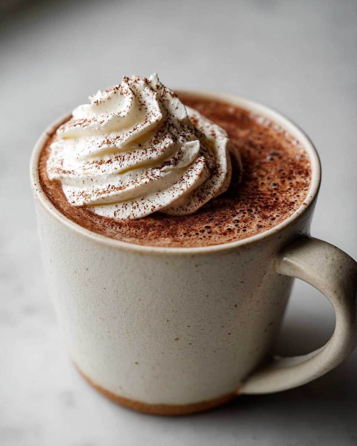A close-up of a mug filled with rich crockpot hot chocolate, topped with a swirl of whipped cream and a dusting of cocoa powder.