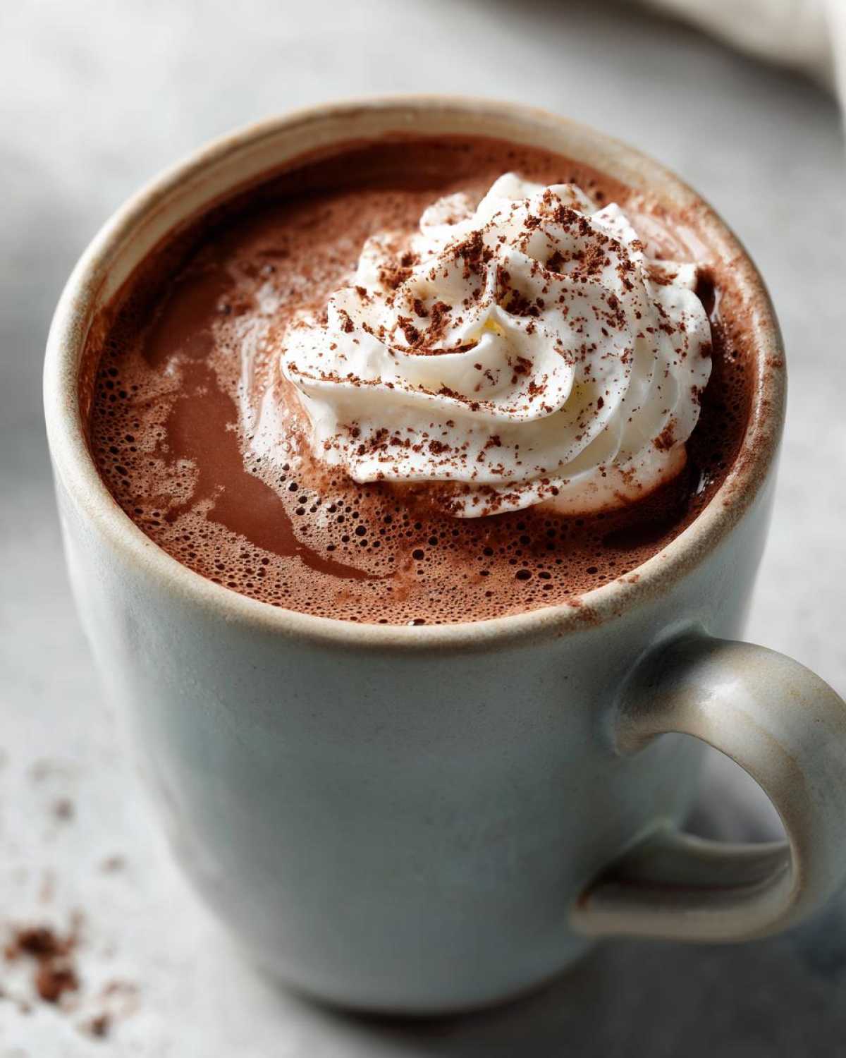 Close-up of a mug filled with rich crockpot hot chocolate, topped with whipped cream and a sprinkle of cocoa powder.