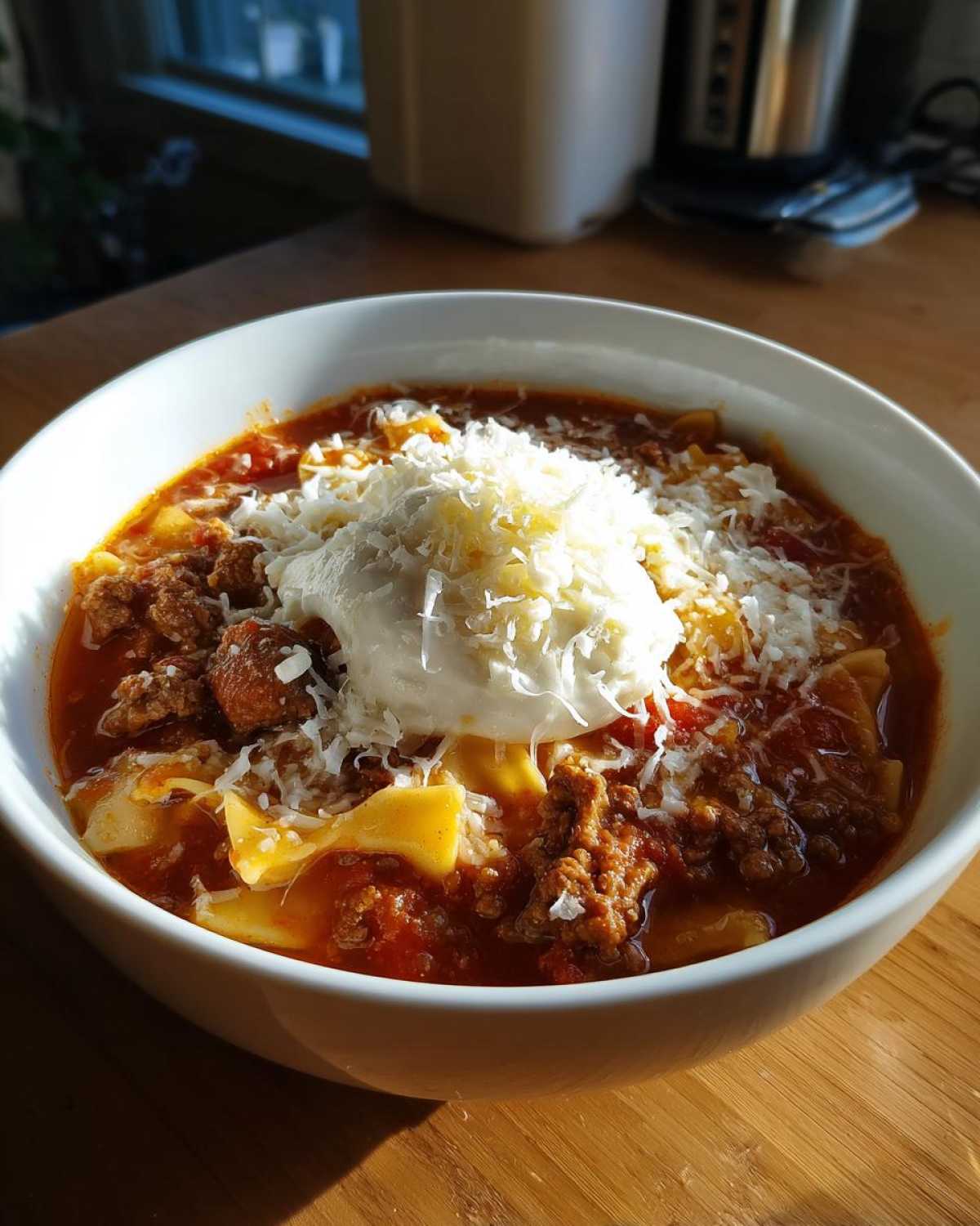 A bowl of crockpot lasagna soup topped with ricotta cheese and shredded parmesan cheese.