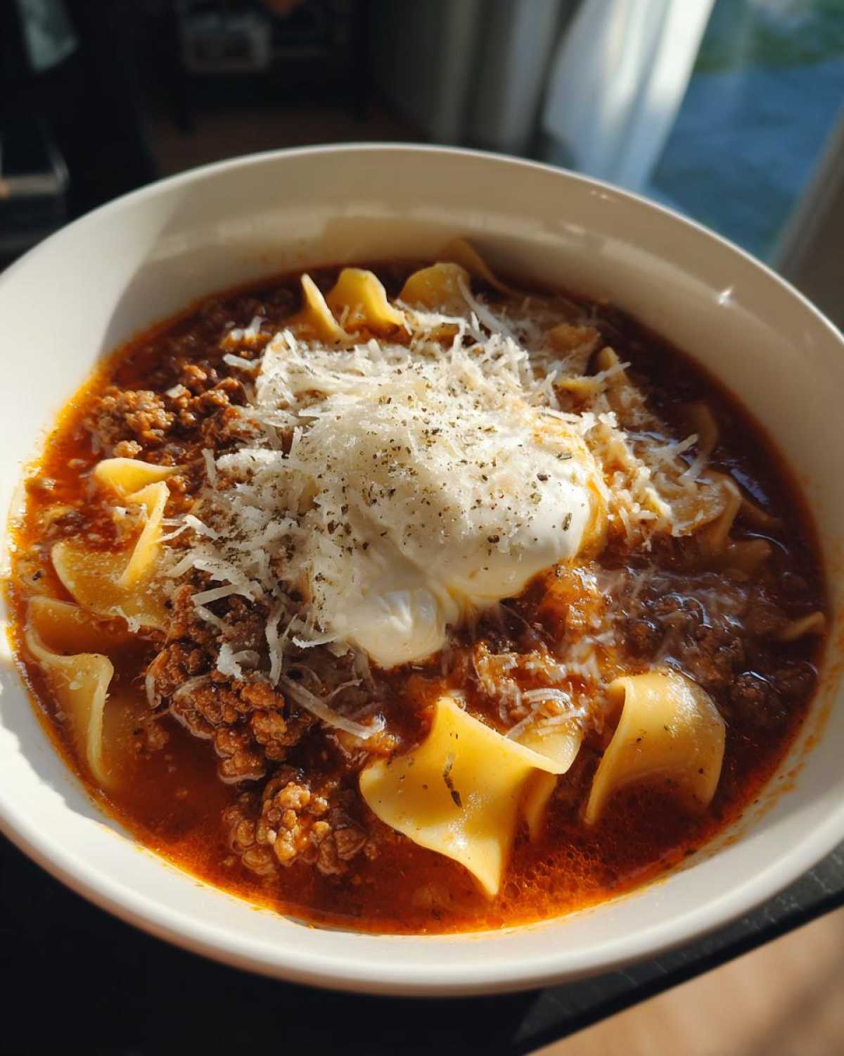 A bowl of hearty crockpot lasagna soup topped with ricotta cheese and grated parmesan.