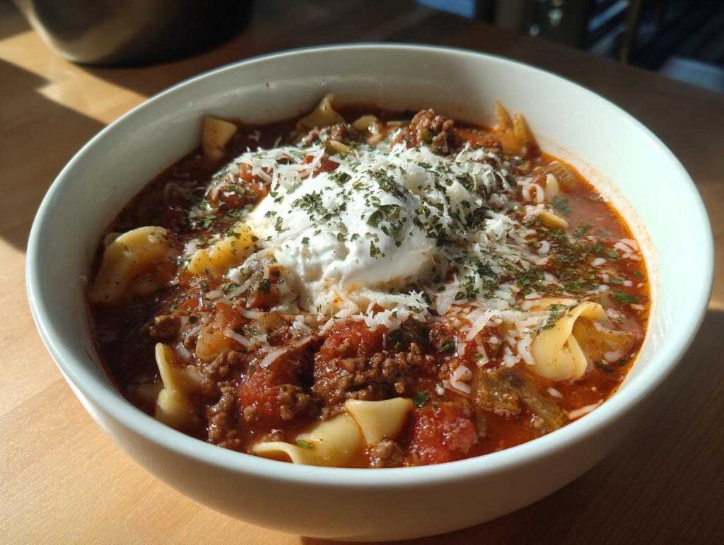 A bowl of crockpot lasagna soup topped with ricotta cheese, parmesan, and herbs.