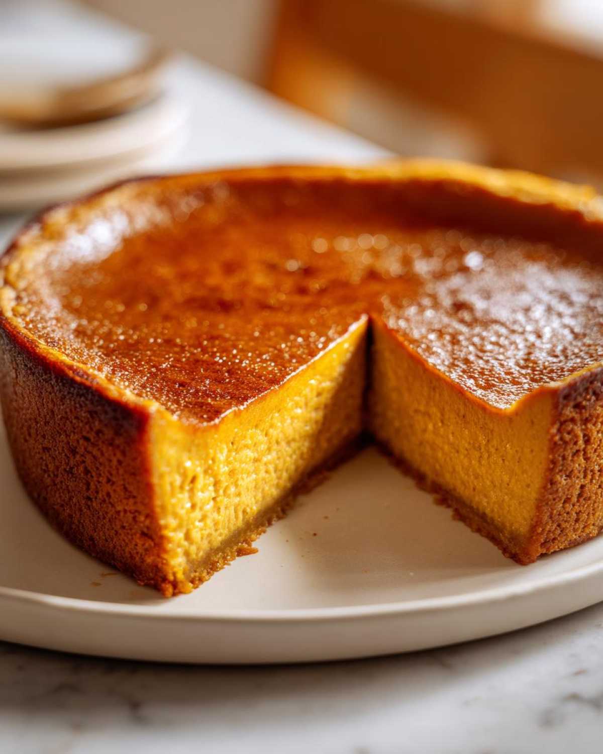 A slice is cut from a golden-brown crustless pumpkin pie, showcasing its smooth texture.