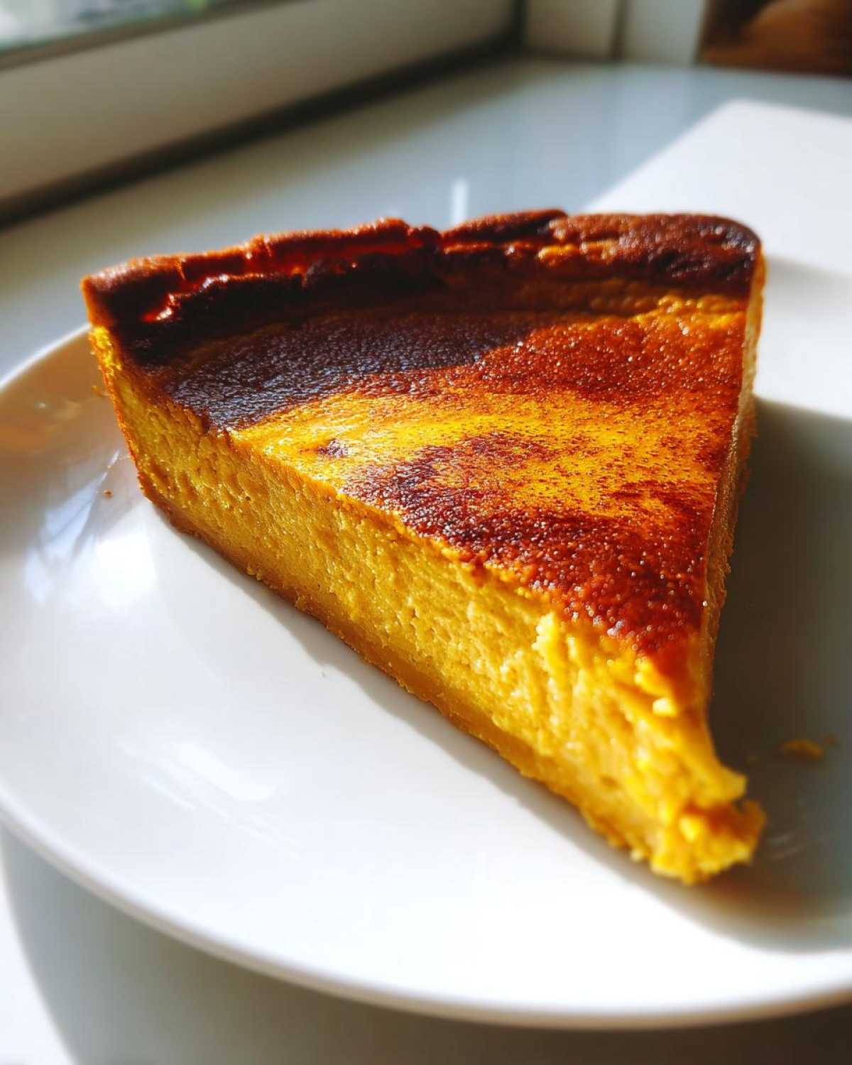 A close-up of a triangular slice of crustless pumpkin pie on a white plate, with a golden-brown, slightly caramelized top.
