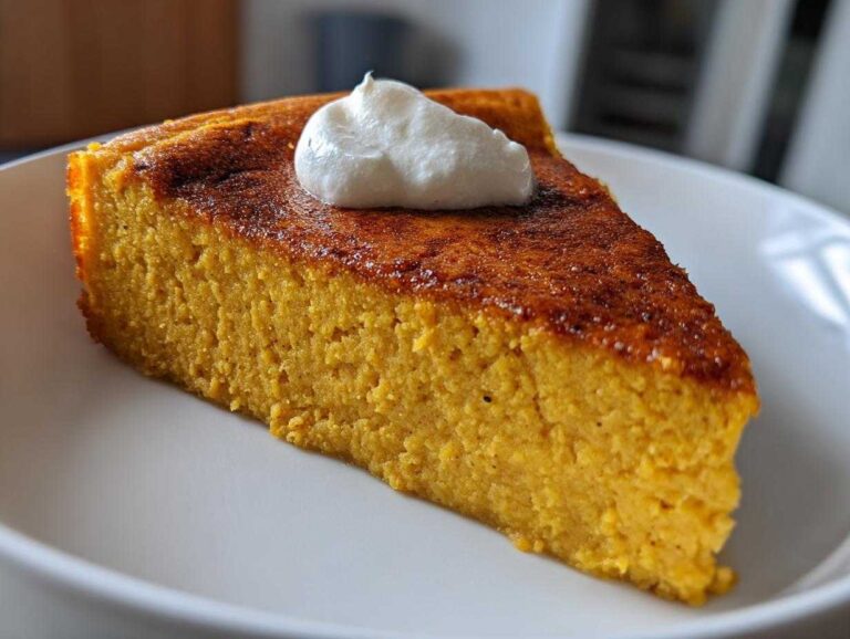 A close-up of a thick slice of moist, golden crustless pumpkin pie topped with a dollop of whipped cream.