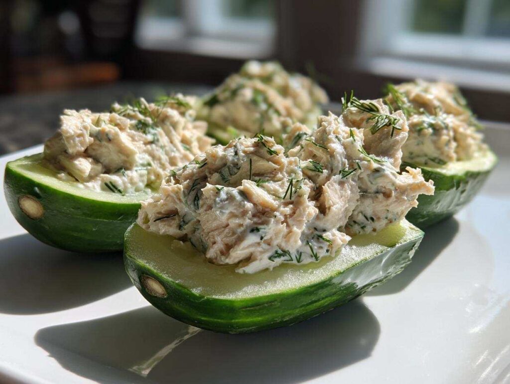 Cucumber tuna salad boats on a white plate, garnished with fresh dill.