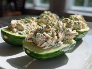 Cucumber tuna salad boats on a white plate, garnished with fresh dill.