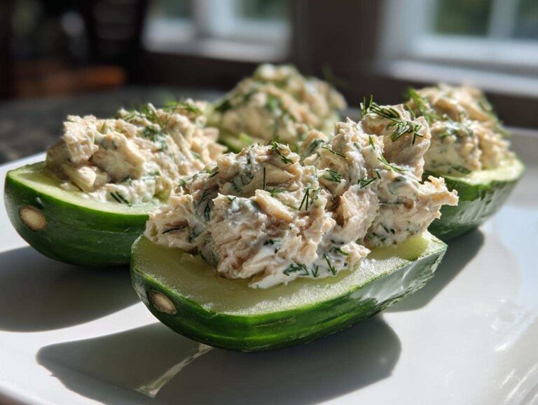 Cucumber tuna salad boats on a white plate, garnished with fresh dill.