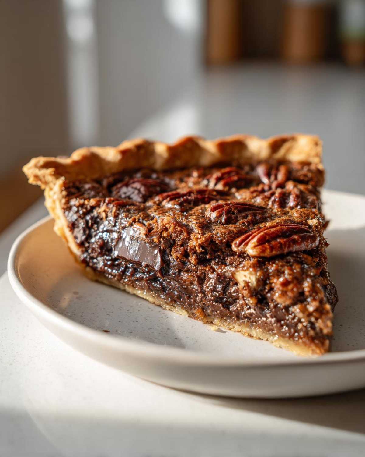 A close-up of a slice of chocolate pecan pie, showcasing the rich filling, pecans, and flaky crust.