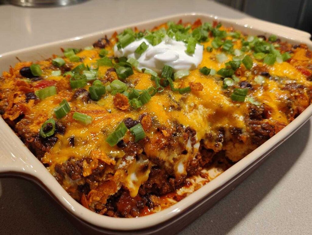Baked Dorito casserole recipe with melted cheese, beef, black beans, green onions, and sour cream topping.