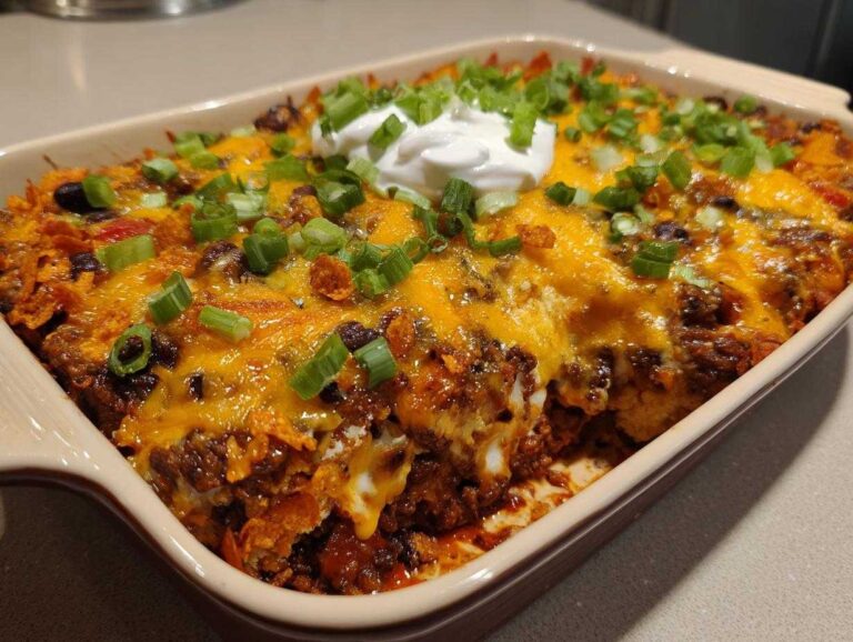 Baked Dorito casserole recipe with melted cheese, beef, black beans, green onions, and sour cream topping.