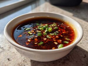 A bowl of dumpling sauce without soy sauce, garnished with green onions and chili threads.