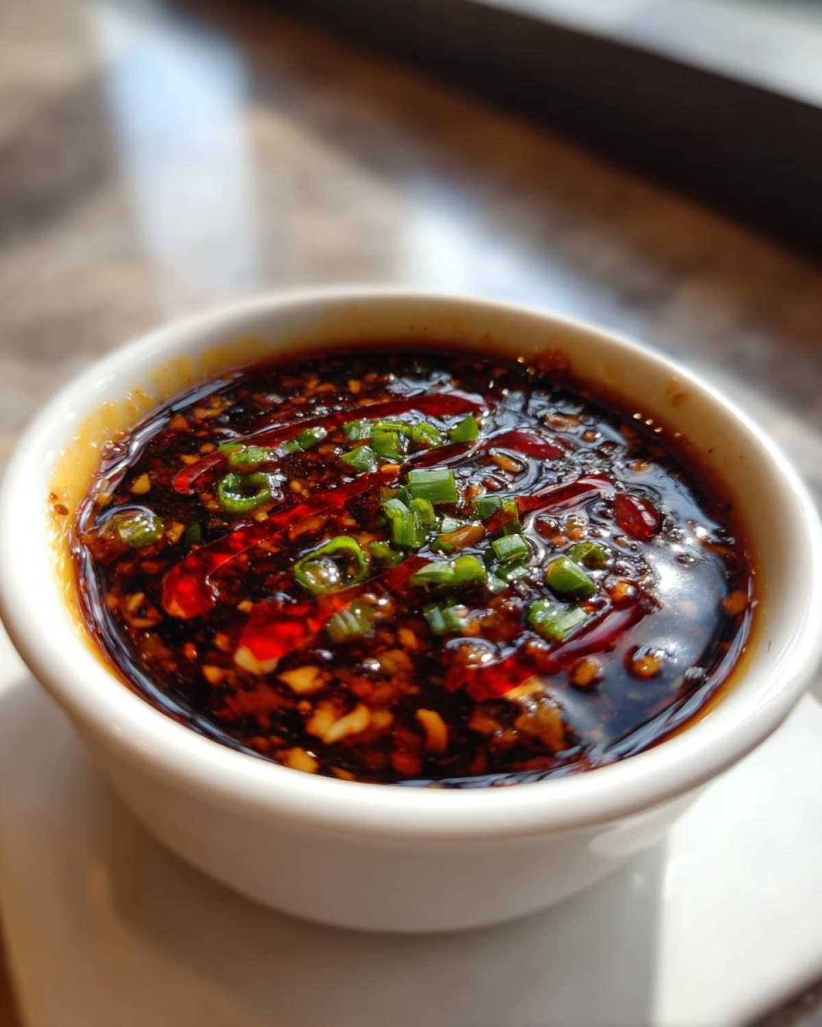 A bowl of flavorful dumpling sauce without soy sauce, garnished with fresh green onions.