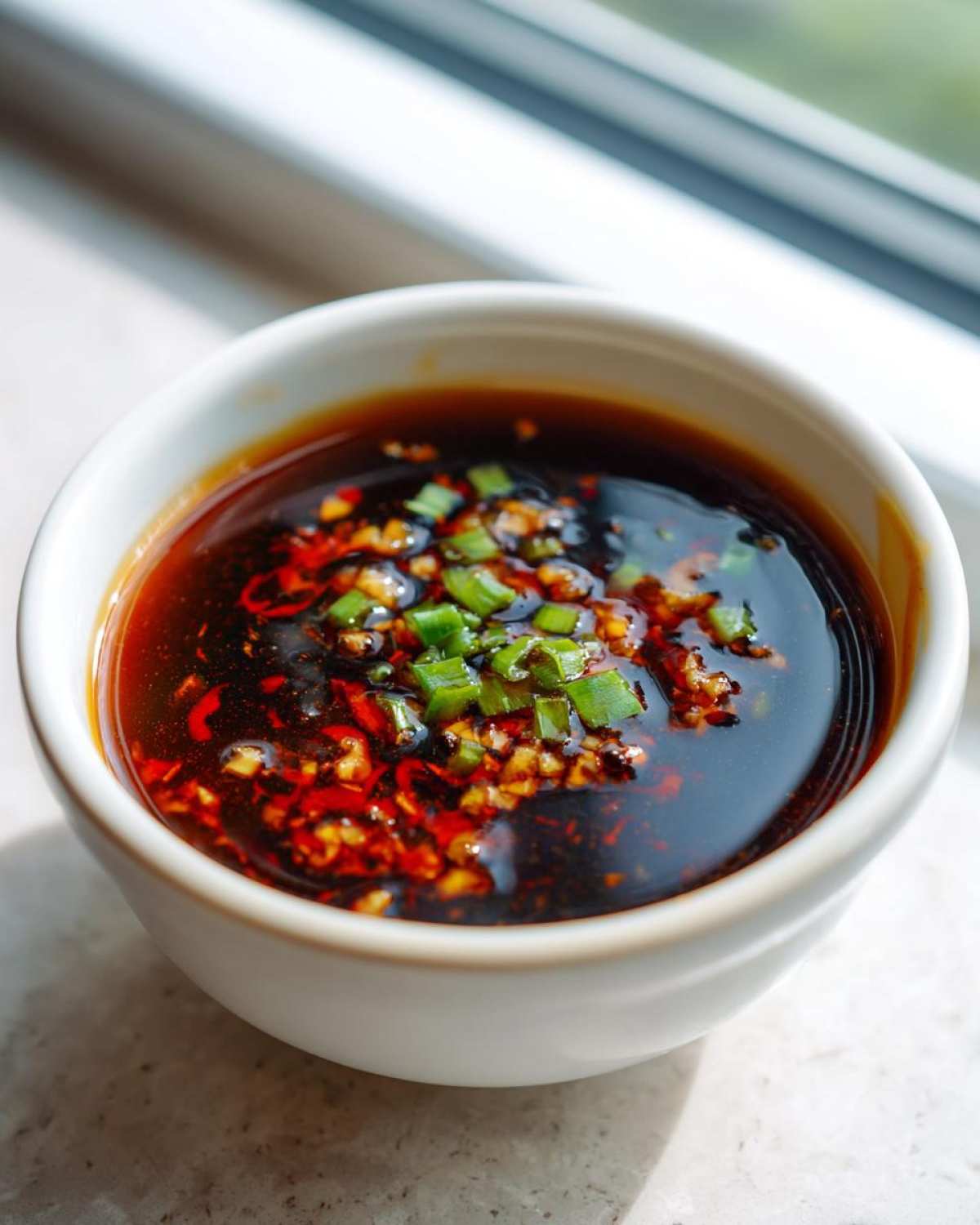 Close-up of a bowl of dumpling sauce without soy sauce, garnished with chopped scallions and chili flakes.