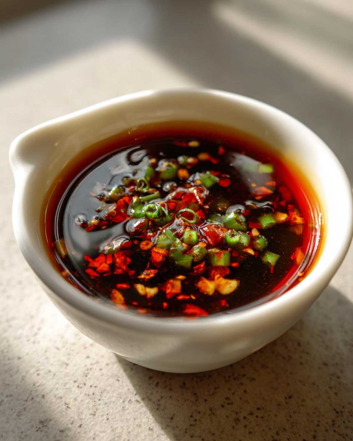 Close-up of dumpling sauce without soy sauce in a white bowl, garnished with chili and scallions.