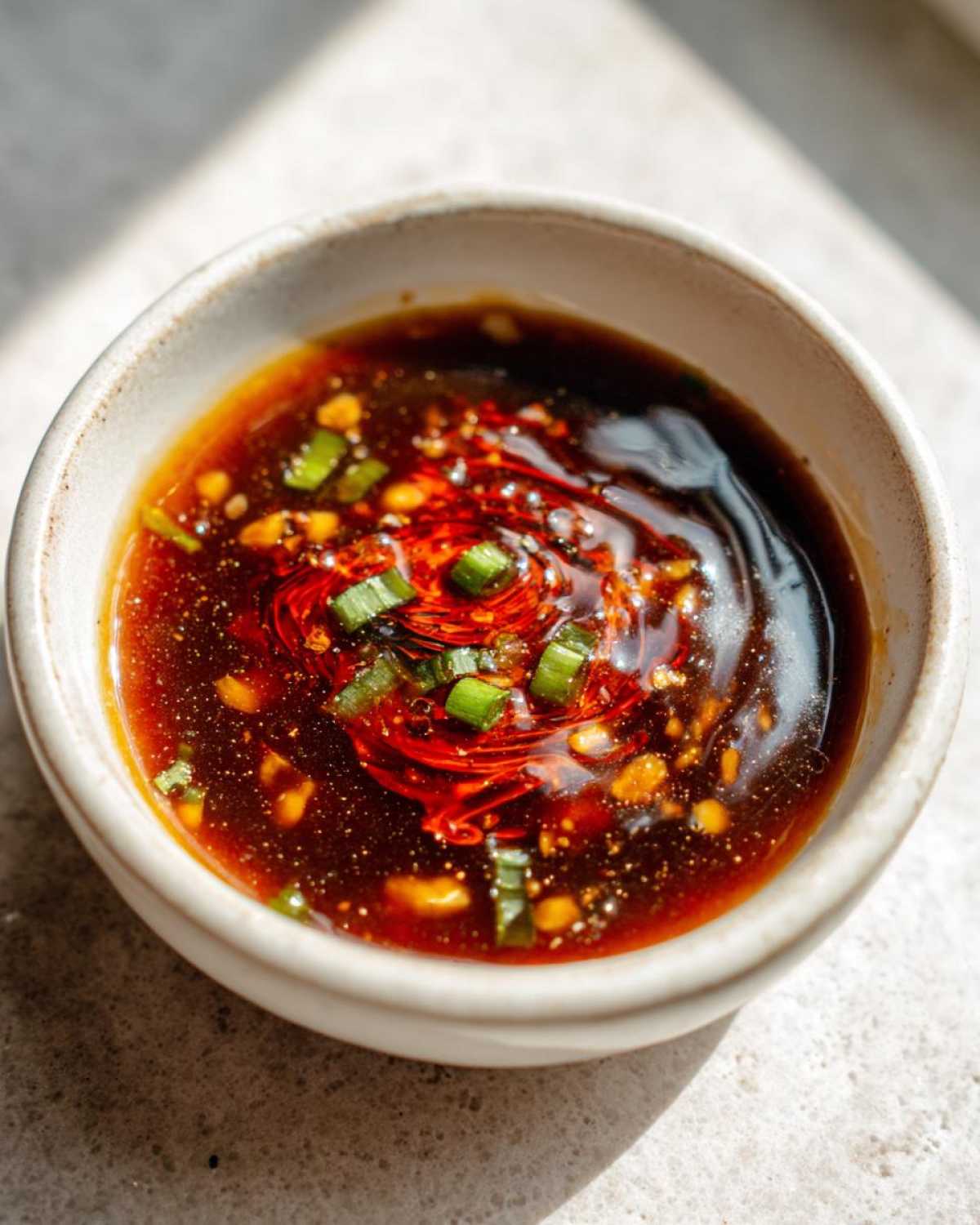 Close-up of dumpling sauce without soy sauce in a small bowl, garnished with green onions and chili oil.