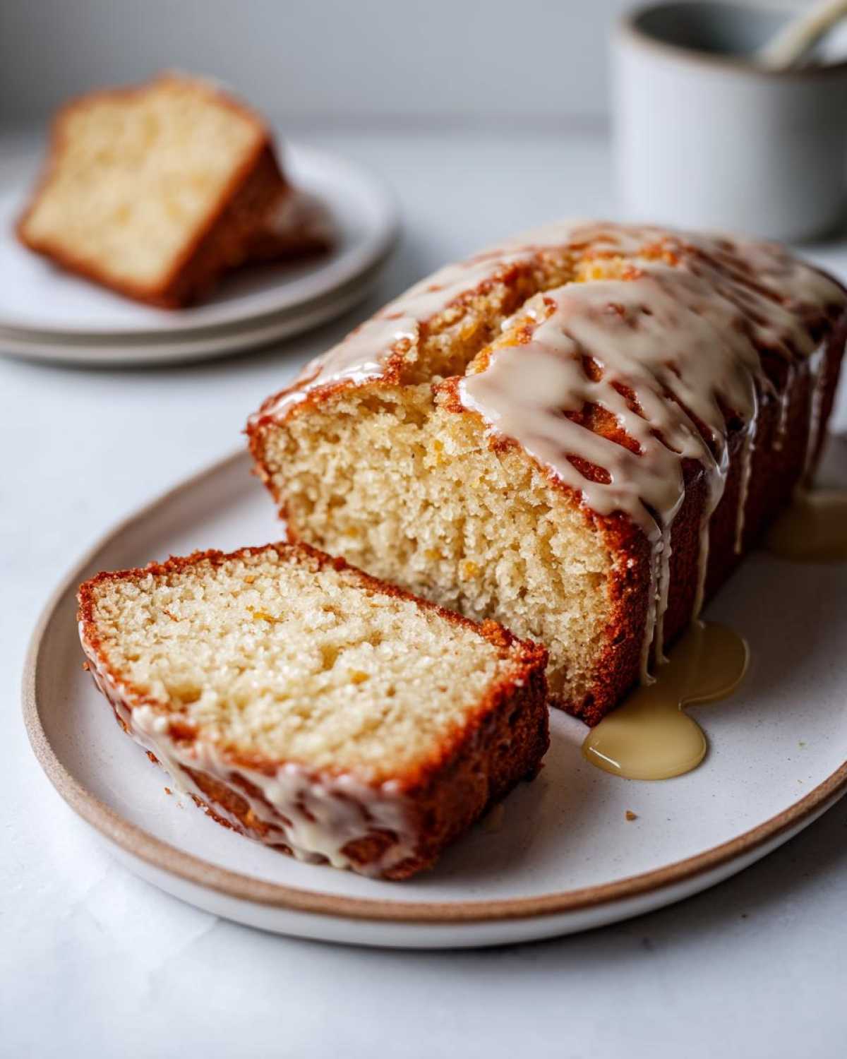 A close-up of a loaf of eggnog bread, sliced, with a thick spiced glaze drizzled over the top.