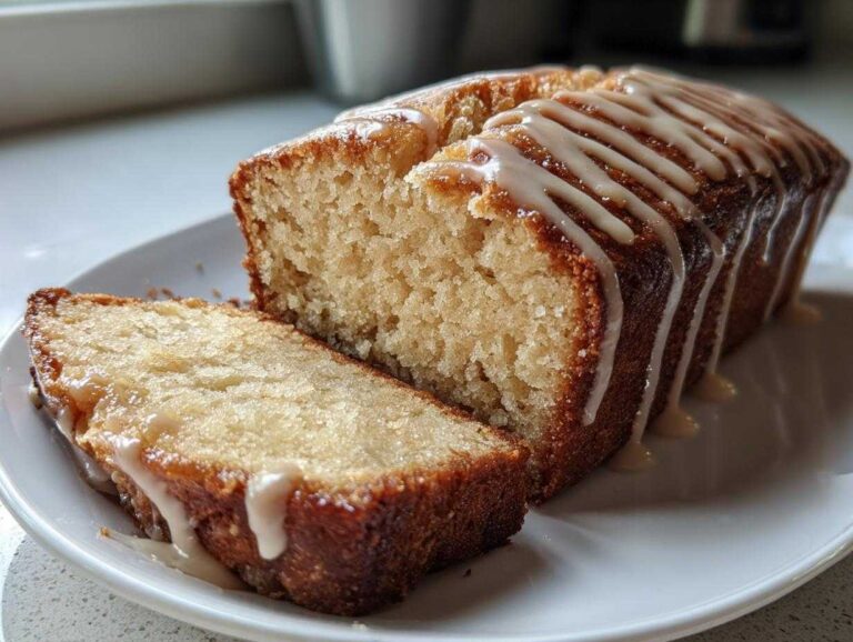 A slice of moist eggnog bread drizzled with a spiced glaze, presented on a white plate.