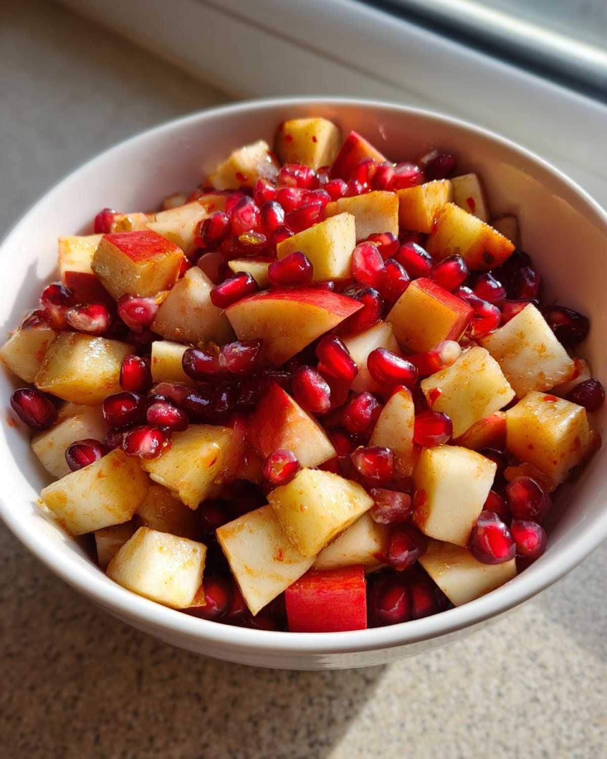 A bowl of vibrant fall fruit salad with apples and pomegranate seeds.