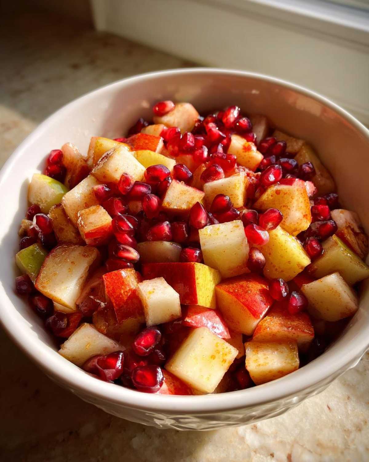 A bowl of vibrant fall fruit salad with apples, pears, and pomegranate seeds.