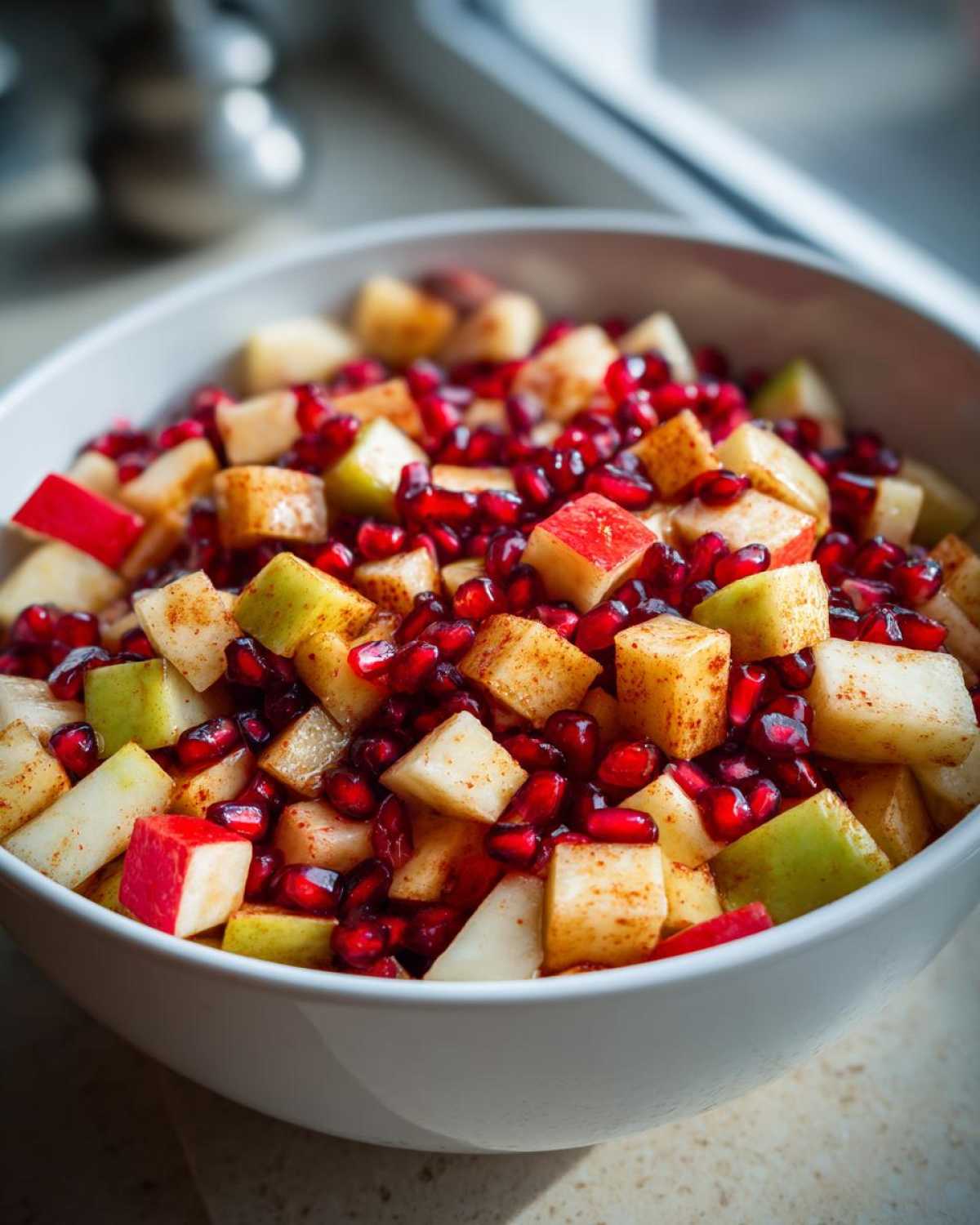 Close-up of a vibrant fall fruit salad with apples, pears, and pomegranate seeds in a white bowl.