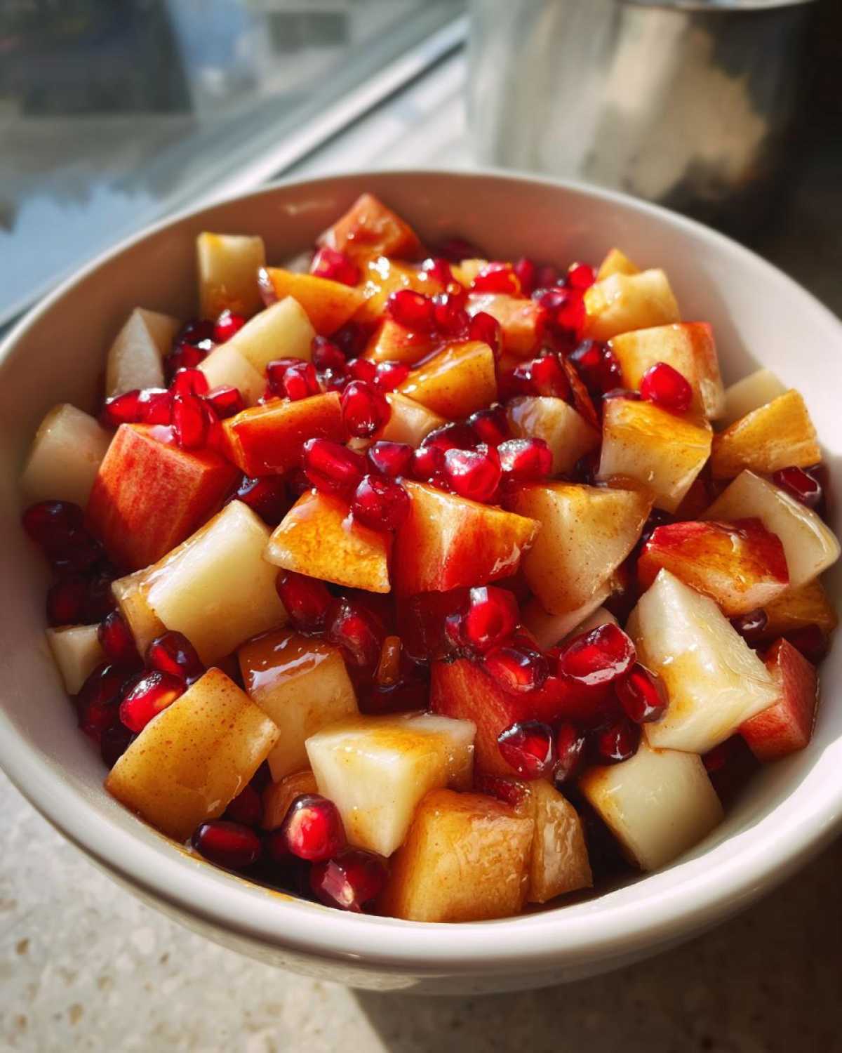 Close-up of a bowl of fall fruit salad with apples, pears, and pomegranate seeds.