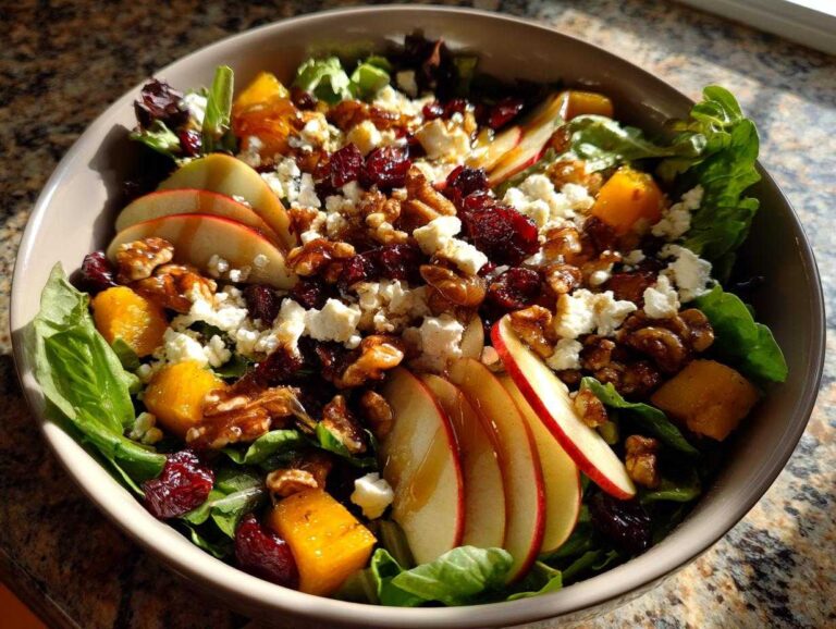 A close-up of a hearty fall harvest salad with apples, butternut squash, cranberries, walnuts, and feta cheese.