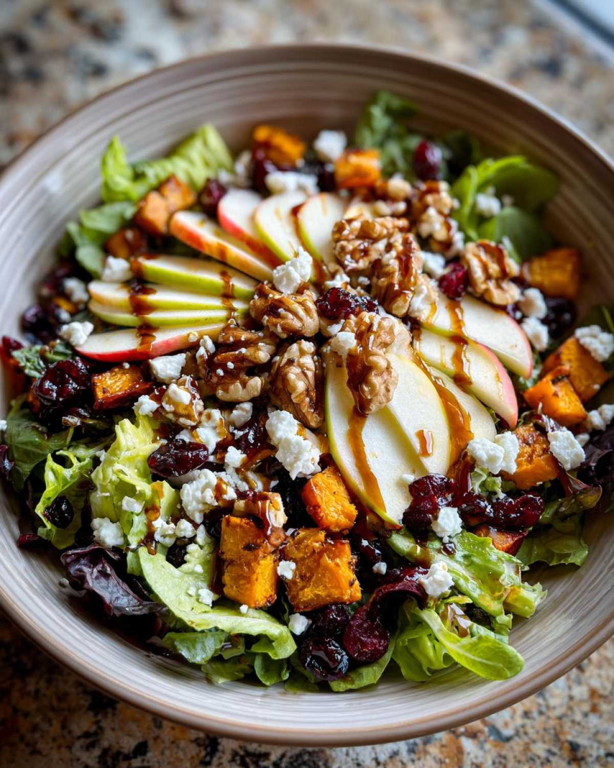 A close-up of a hearty fall harvest salad featuring sliced apples, roasted butternut squash, walnuts, dried cranberries, and crumbled feta cheese.