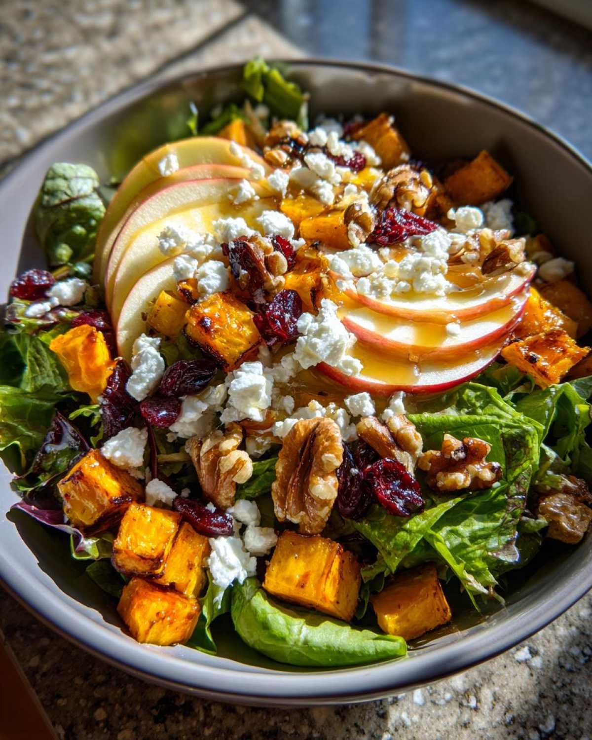 A close-up of a hearty fall harvest salad featuring roasted butternut squash, apples, goat cheese, walnuts, and cranberries.