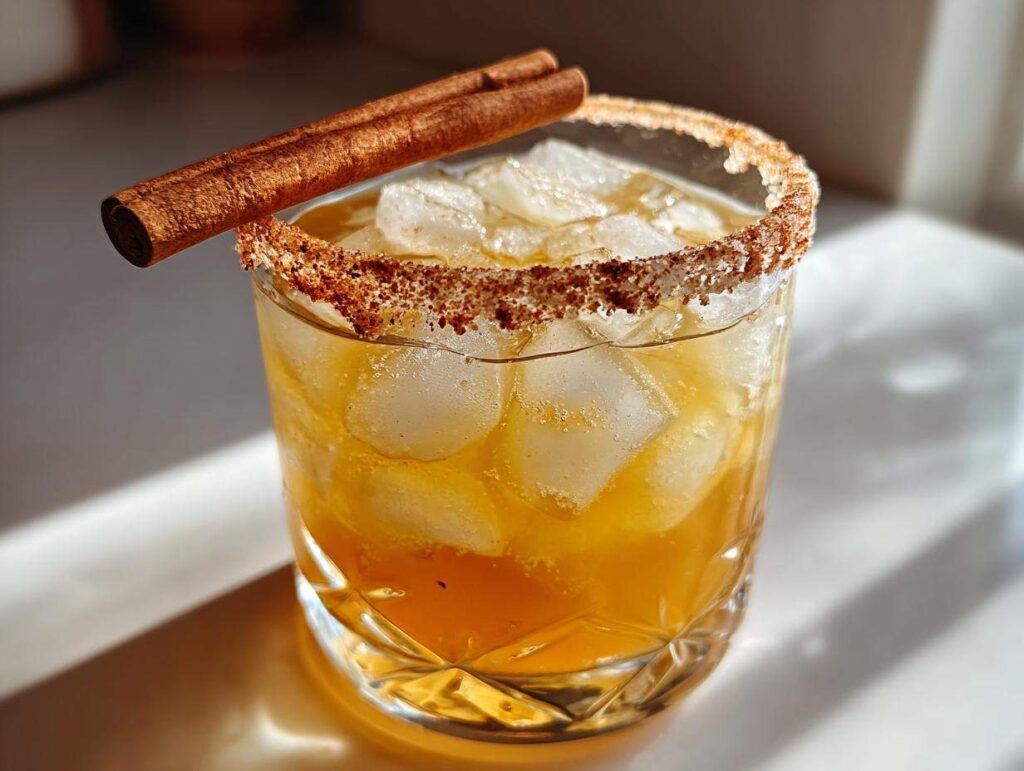 A refreshing fall margarita with ice, a cinnamon stick garnish, and a spiced rim.