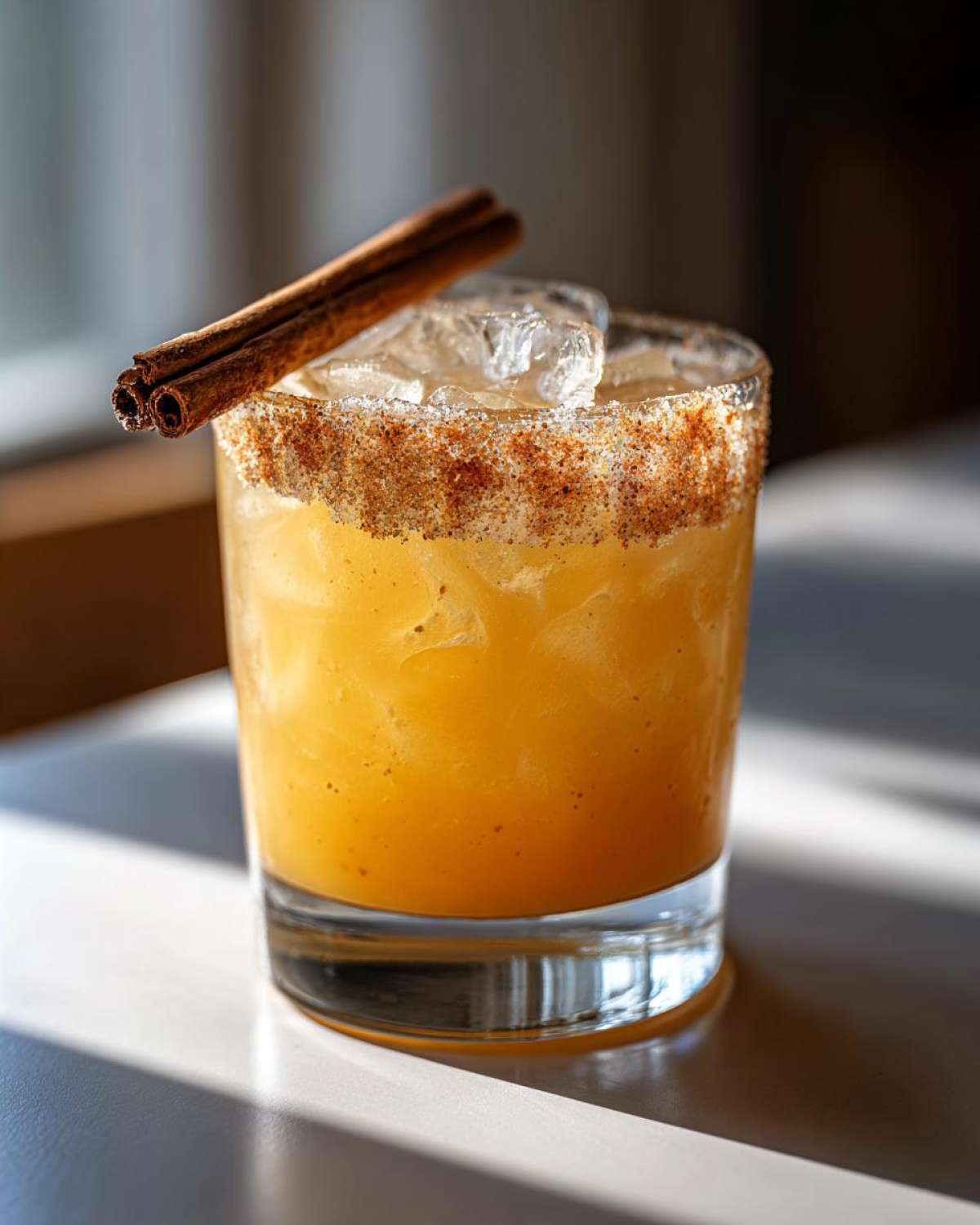 A refreshing fall margarita in a glass with a cinnamon-sugar rim and cinnamon stick garnish.
