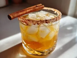A refreshing fall margarita with ice, a cinnamon stick garnish, and a spiced rim.