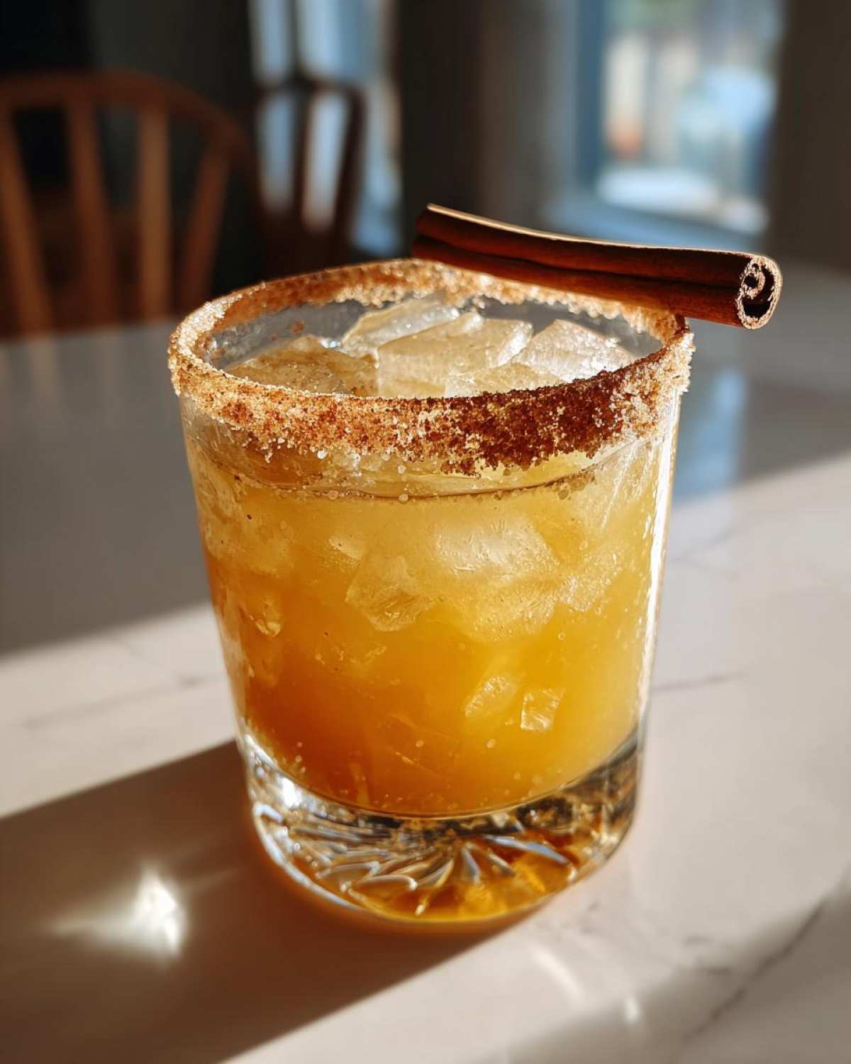 A refreshing fall margarita with ice, cinnamon sugar rim, and a cinnamon stick garnish.