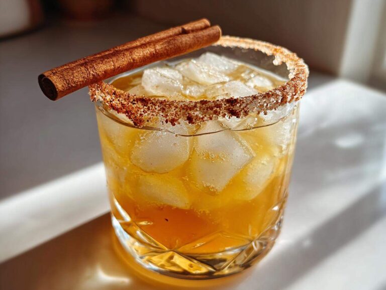 A refreshing fall margarita with ice, a cinnamon stick garnish, and a spiced rim.