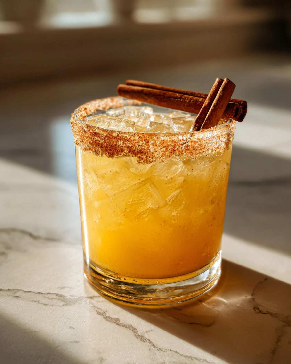 A refreshing fall margarita with ice, a cinnamon-sugar rim, and cinnamon stick garnish.
