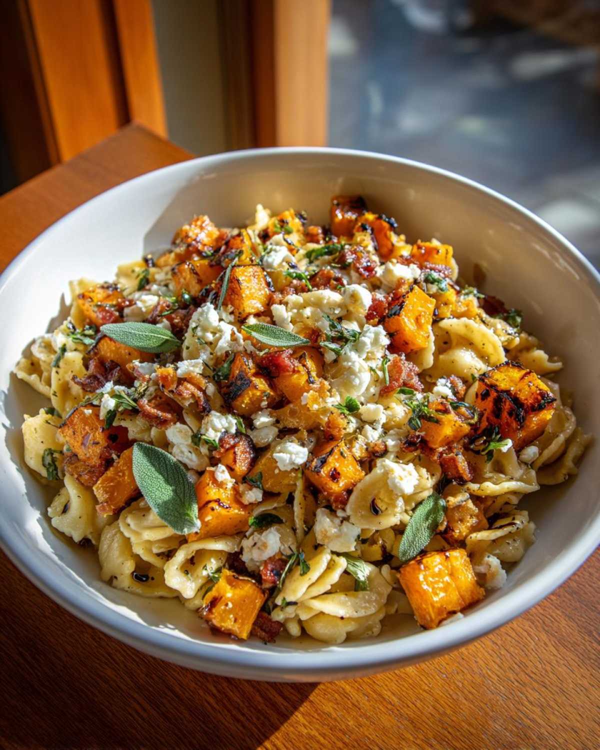 A bowl of fall pasta salad with roasted squash, feta cheese, bacon, and herbs.