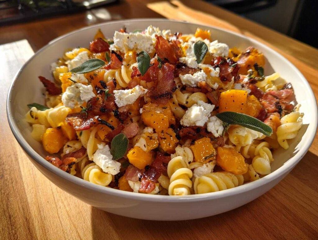 A bowl of fall pasta salad featuring roasted squash, bacon, goat cheese, and sage.