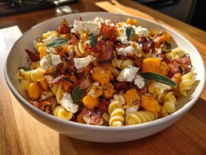 A bowl of fall pasta salad featuring roasted squash, bacon, goat cheese, and sage.