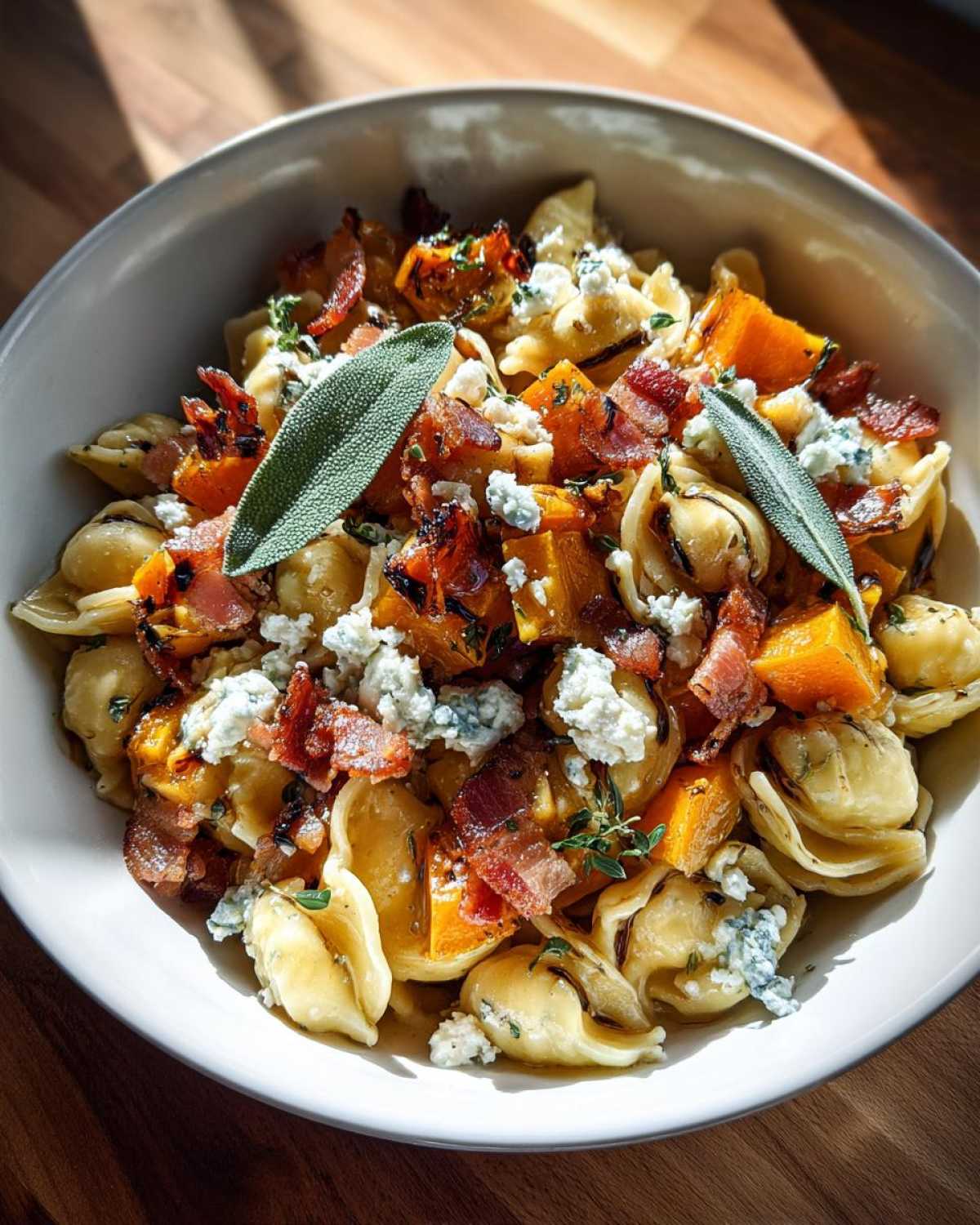 Bowl of fall pasta salad with roasted squash, bacon, cheese, and sage. A comforting and delicious dish.