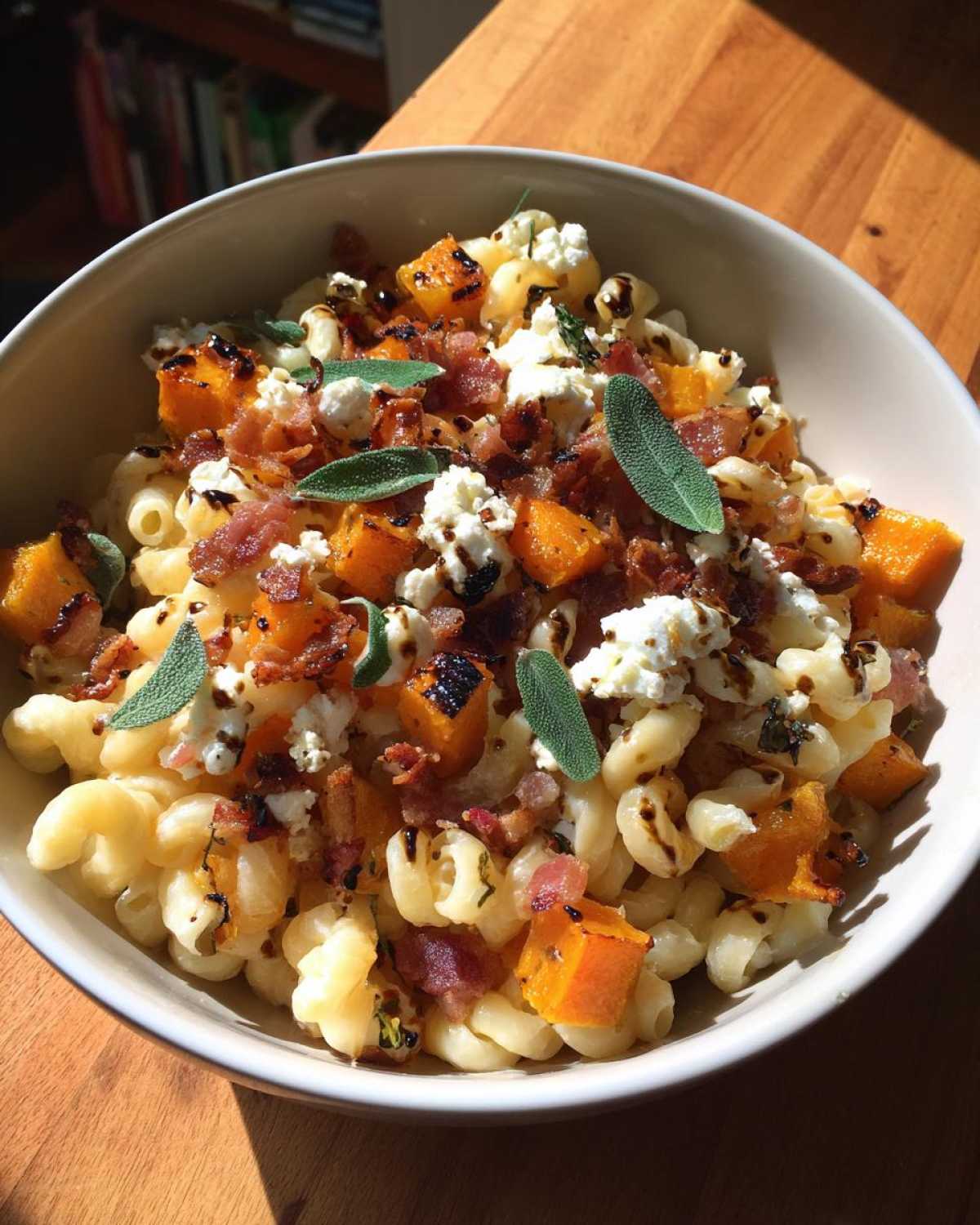 Close-up of a bowl of fall pasta salad with roasted squash, bacon, goat cheese, sage, and balsamic glaze.