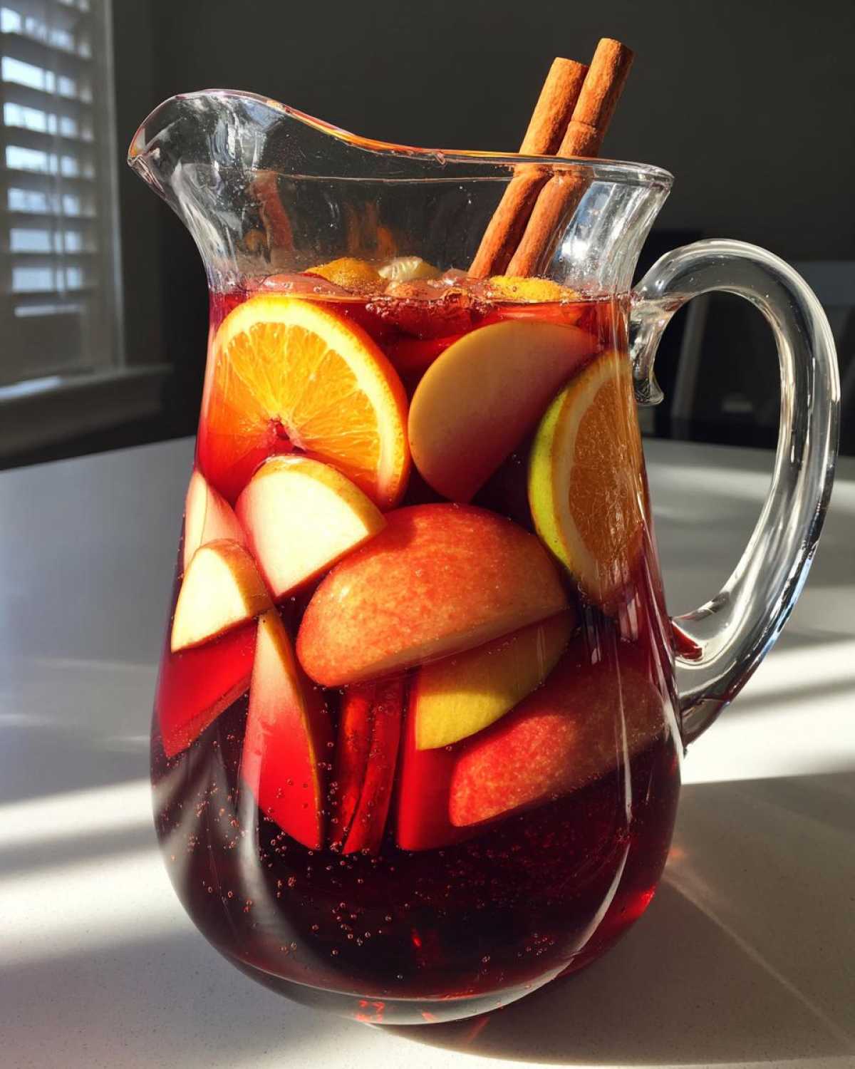 Pitcher of fall sangria with apples, oranges, and cinnamon sticks, ready to serve.