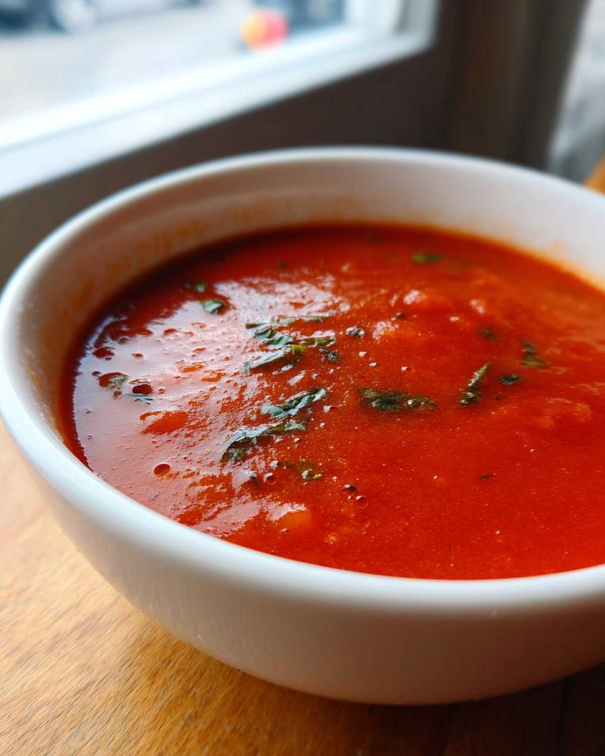 Bowl of vibrant tomato soup with fresh tomatoes, garnished with herbs, sitting on a wooden table near a window.